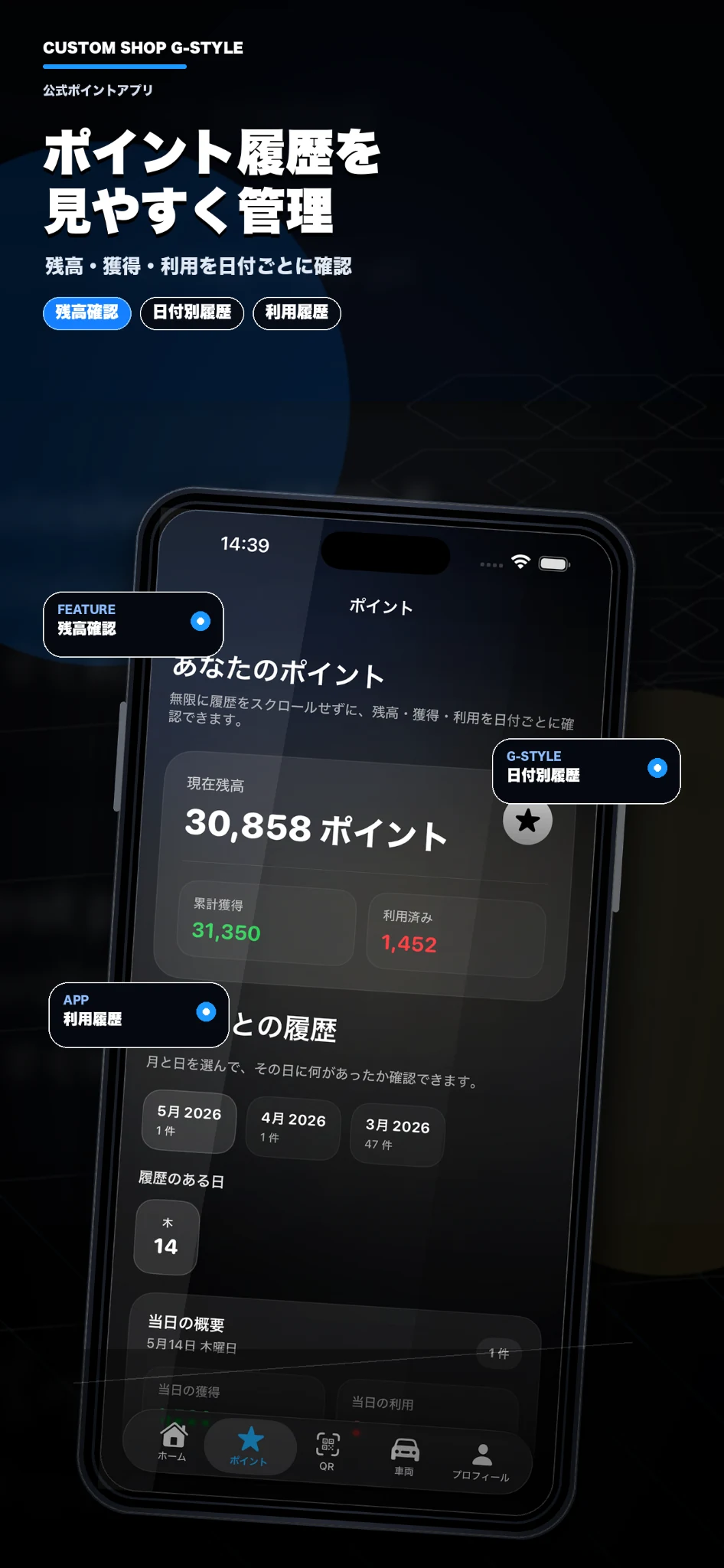 G-STYLE公式アプリのポイント履歴画面